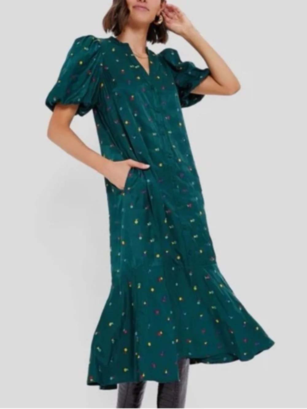 Tuckernuck Molly Midi Dress Green Embroidered Floral Women's Large